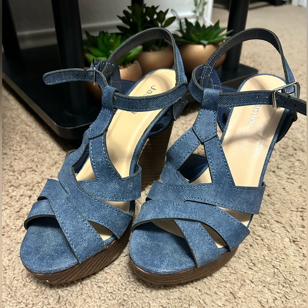 JASMIN denim wedge heels, size 7.5M